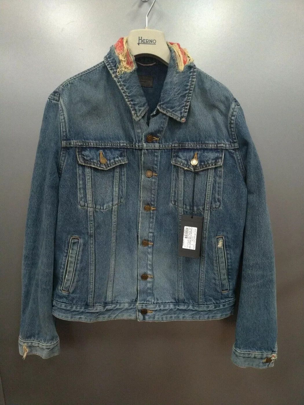 image of Saint Laurent Paris Distressed Trim Paisley Denim Jacket in Indigo, Men's (Size Small)