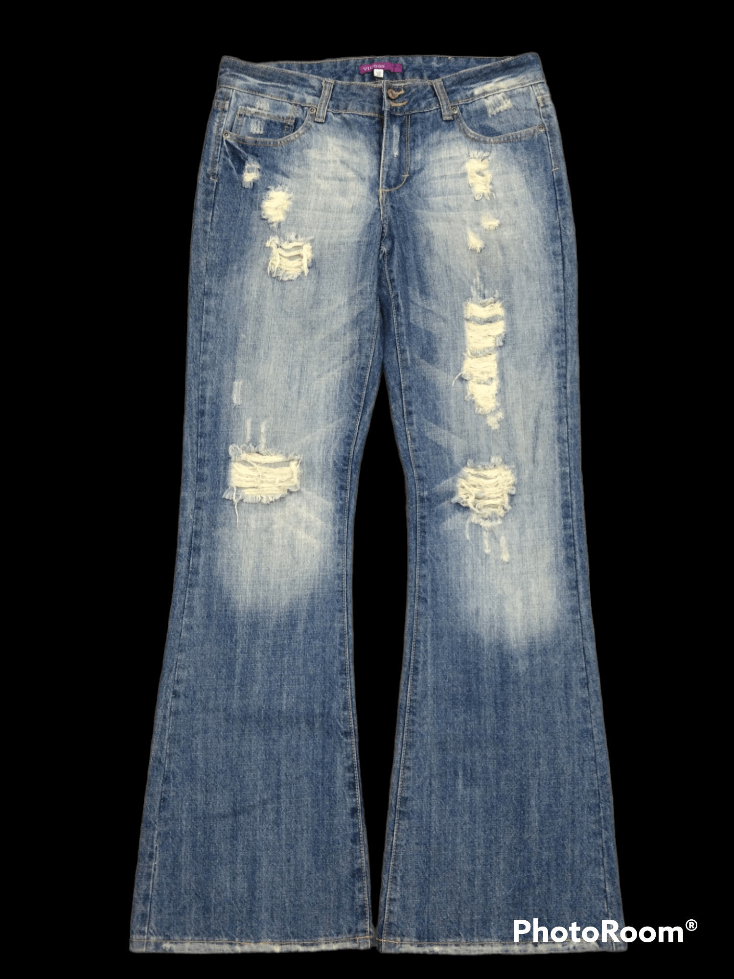 image of Avant Garde x Hype Flare Sick Riped Vigos Denim Pants in Blue Distressed, Men's (Size 31)