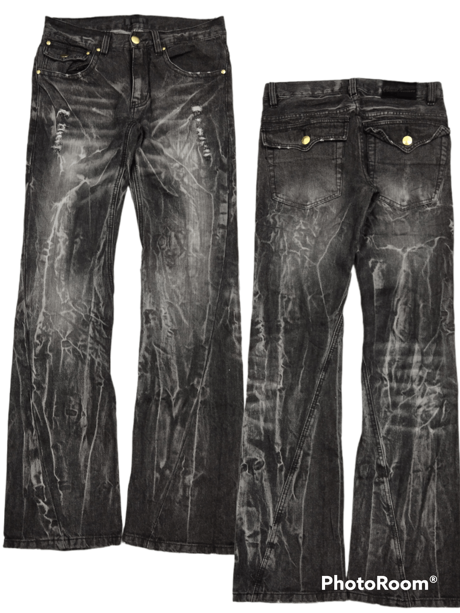 image of Avant Garde Flare Twist Washed Black Baccara Denim Pants, Men's (Size 30)