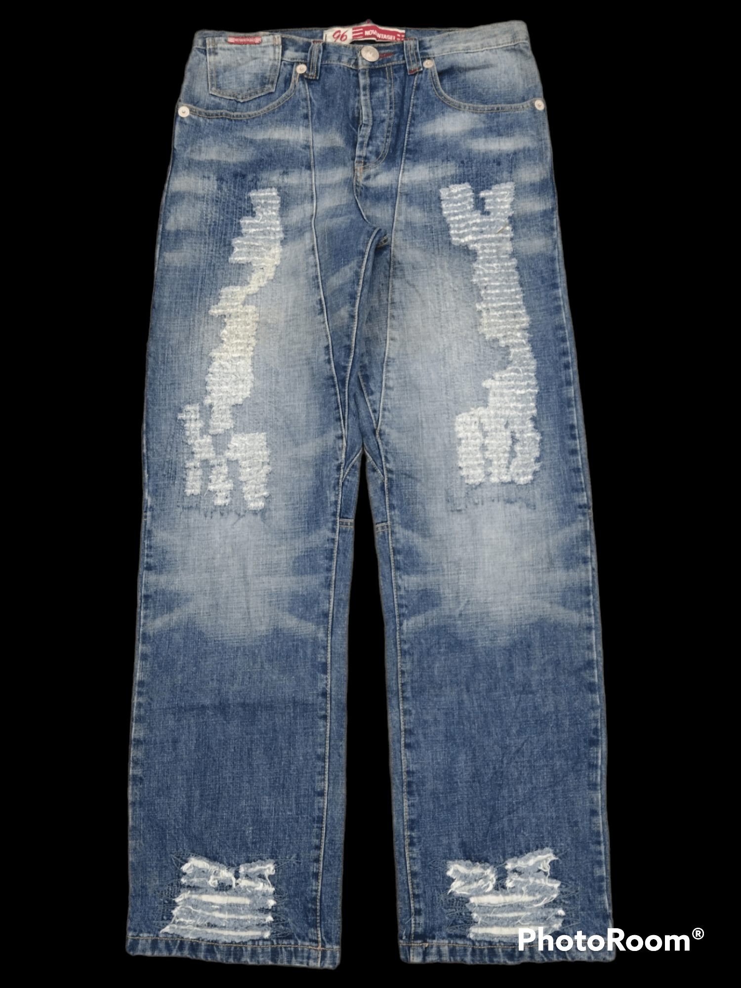 image of Avant Garde x Hype Baggy Sick Novantasei Pacthwork Denim Pants in Blue Distressed, Men's (Size 33)