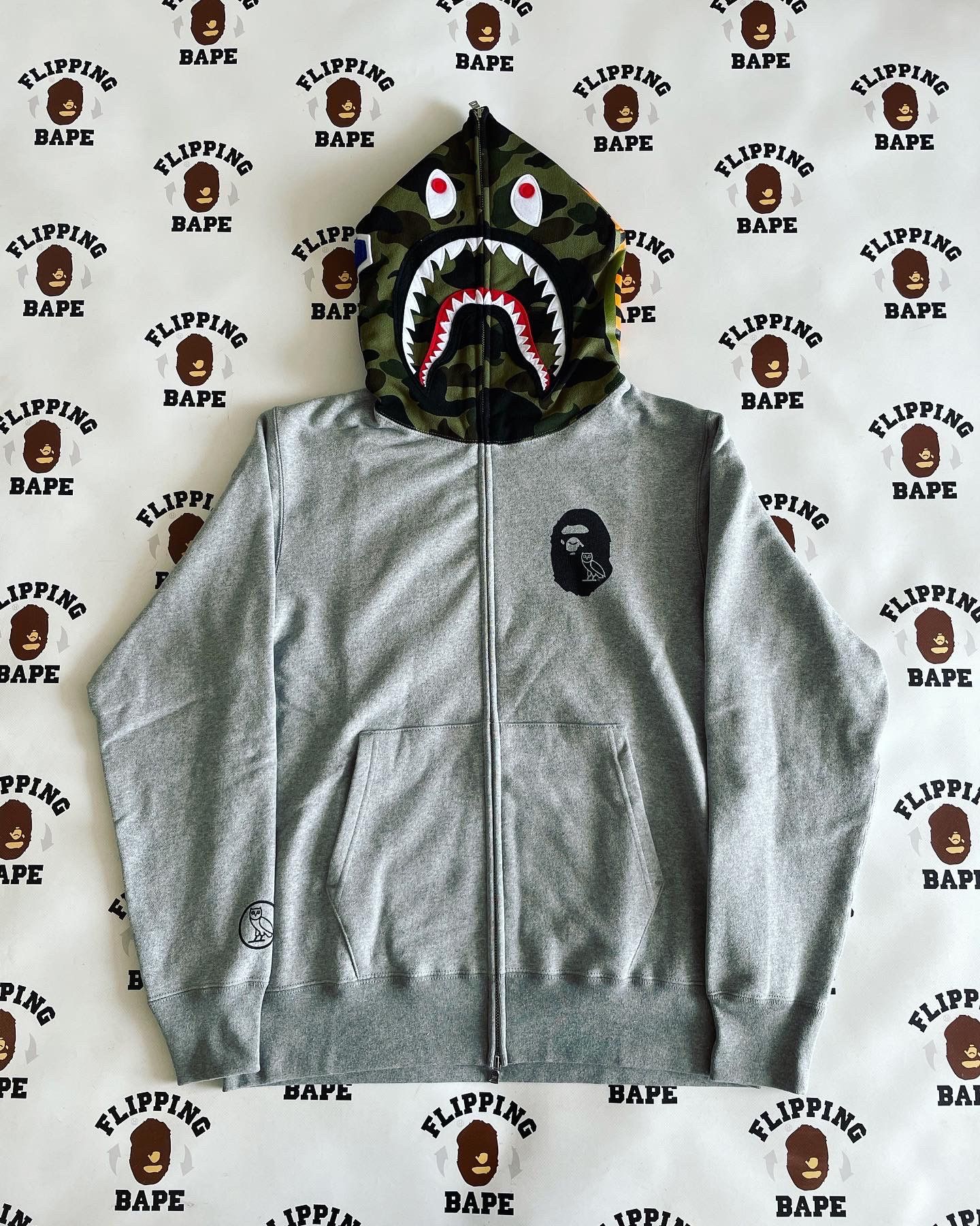 image of Bape X Ovo Shark Full Zip Hoodie in Gray Green, Men's (Size XL)