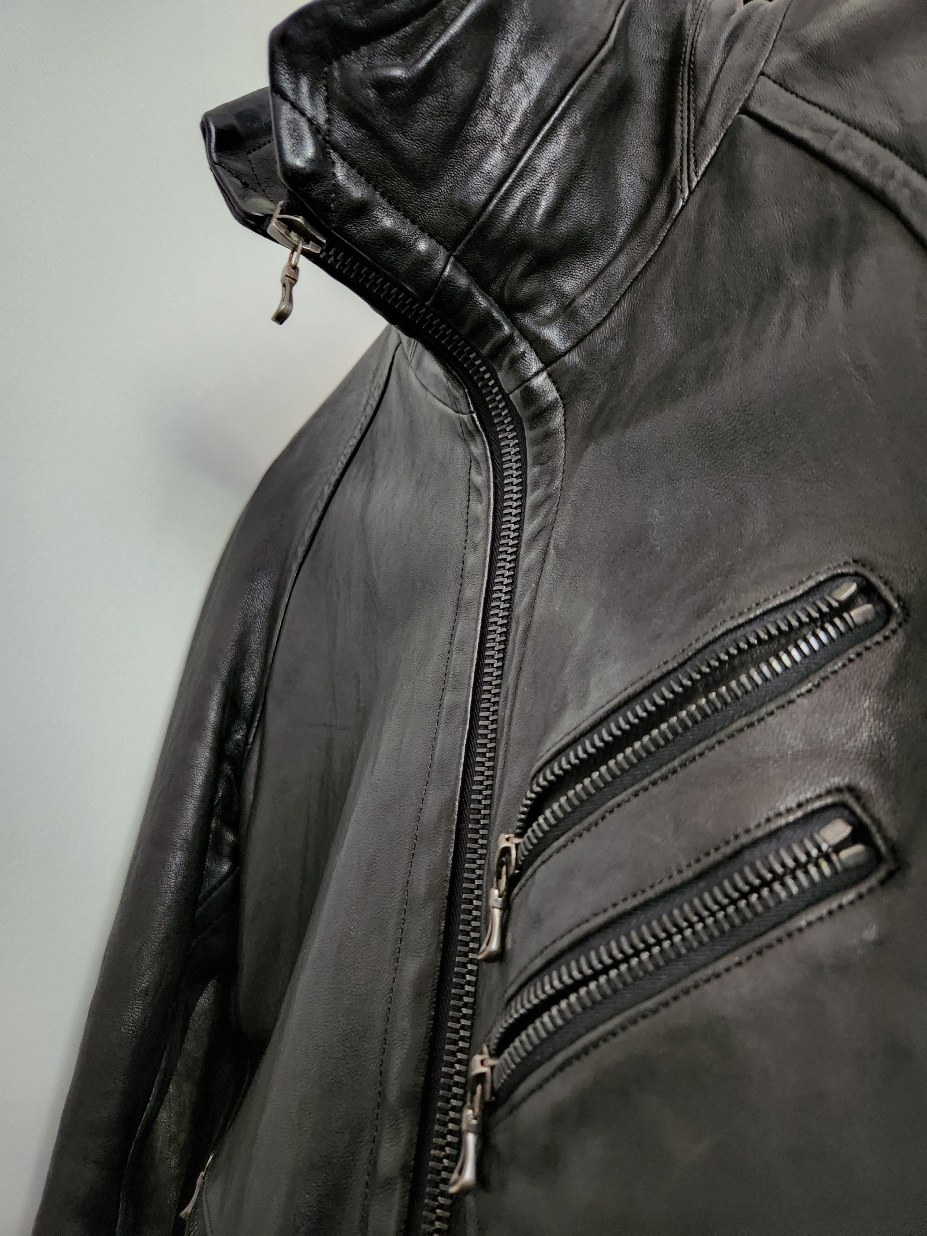 image of Julius _7 08 S/s Jut Neck Leather Jacket in Black, Men's (Size Medium)