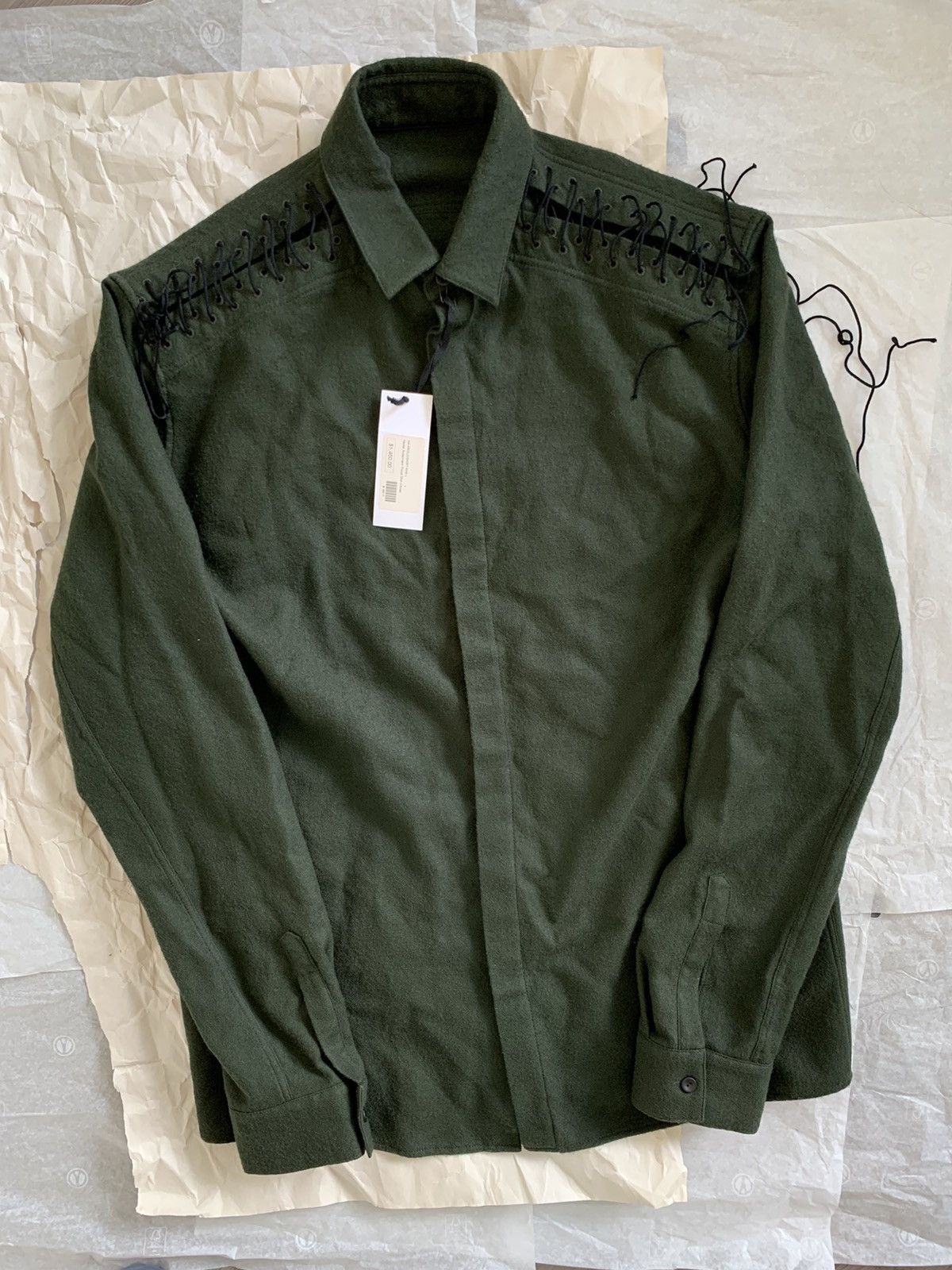Haider Ackermann RRP$1450 Khaki green laced wool shirt Size US L / EU 52-54 / 3 - 1 Thumbnail