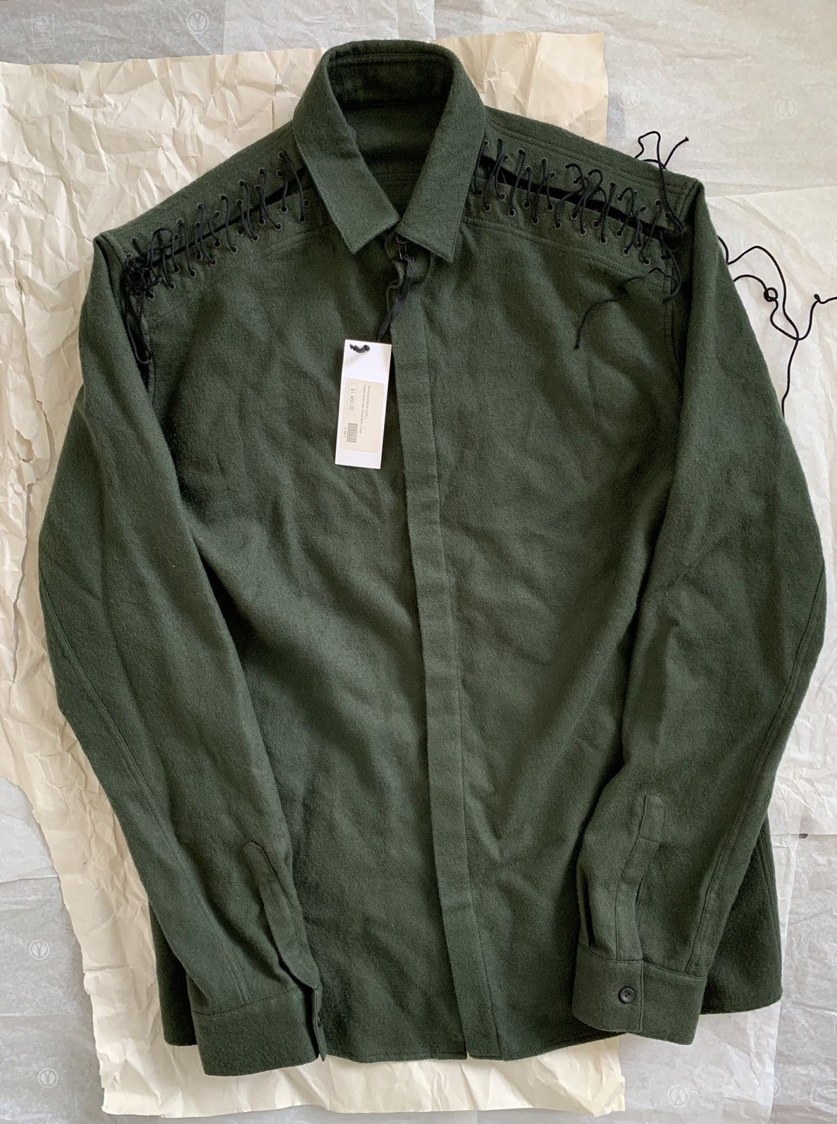 Haider Ackermann RRP$1450 Khaki green laced wool shirt Size US L / EU 52-54 / 3 - 2 Thumbnail