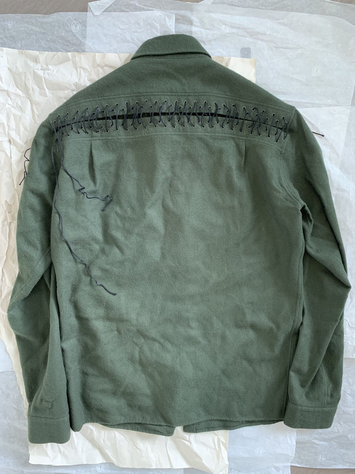 Haider Ackermann RRP$1450 Khaki green laced wool shirt Size US L / EU 52-54 / 3 - 3 Thumbnail
