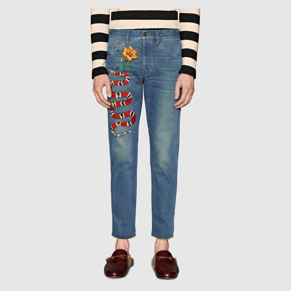 Image of Gucci (Nwot) Pfw’16 Kingsnake Embroidered Denim Jeans in Blue, Men's (Size 30)