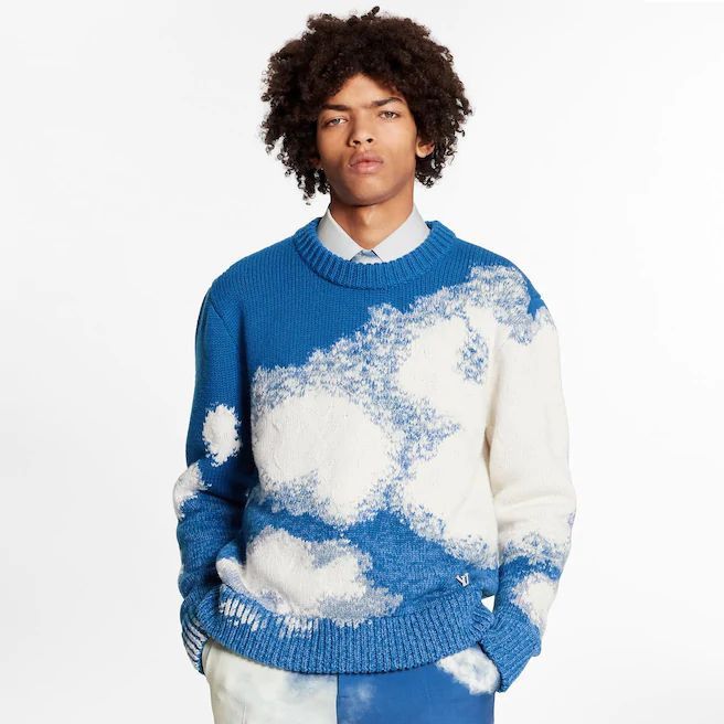 image of Louis Vuitton x Virgil Abloh Vvip Limited Fw’20 Cloud Hand-Knit Jacquard Crewneck in Blue (Size Med