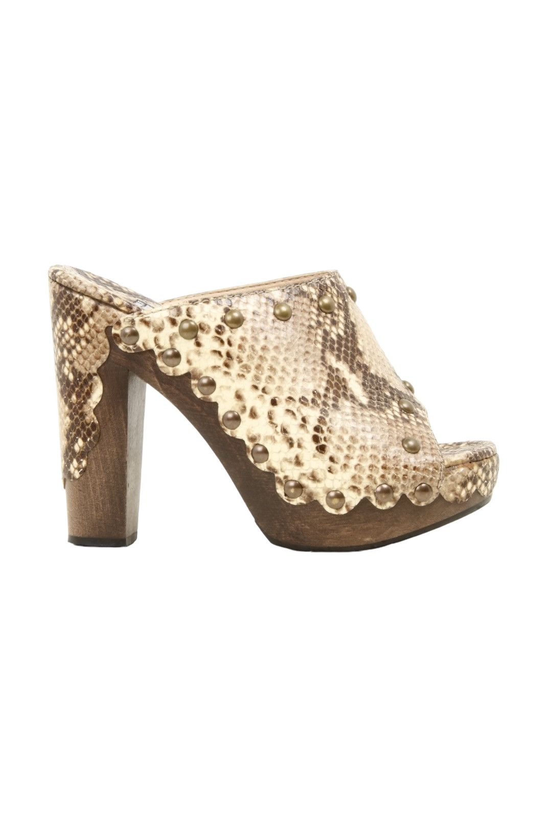 Stuart Weitzman Snake Print Mule Heel Wood Metal Studs