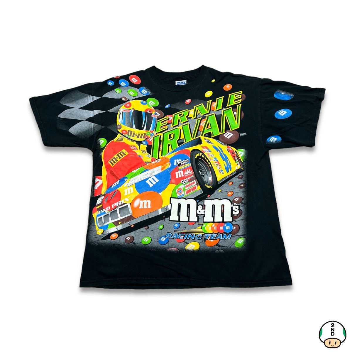 image of VTG 1999 Ernie Irvan M&ms Nascar Racing All Over Print Tee in Black, Men's (Size 2XL)