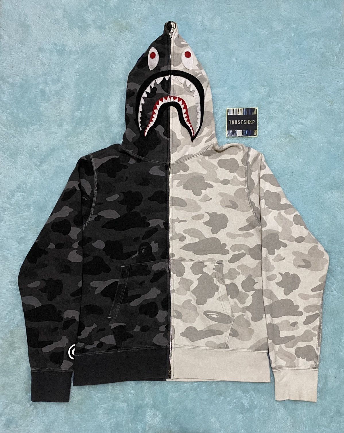 Bape Military Hoodie Shark Head Stitching Half Sleeve Camouflage Hooded Jacket
