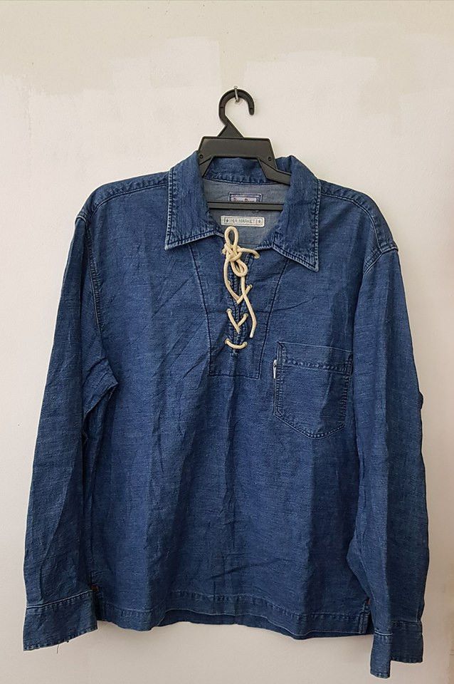 Vintage Indigo Denim Pullover Shirt with Tie String