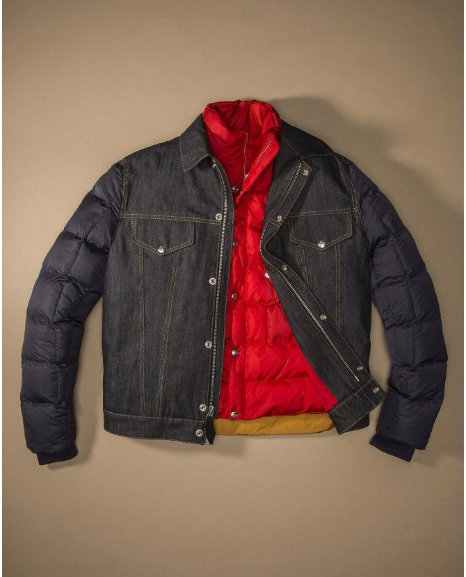 image of Schott Lmoneotwo Bimaterial West Rodeo Jacket in Navy Red, Men's (Size Medium)