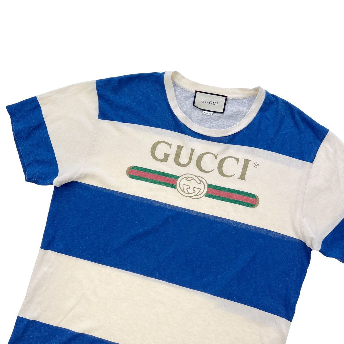 image of Gucci Printed Logo Striped T Shirt in White, Men's (Size Small)