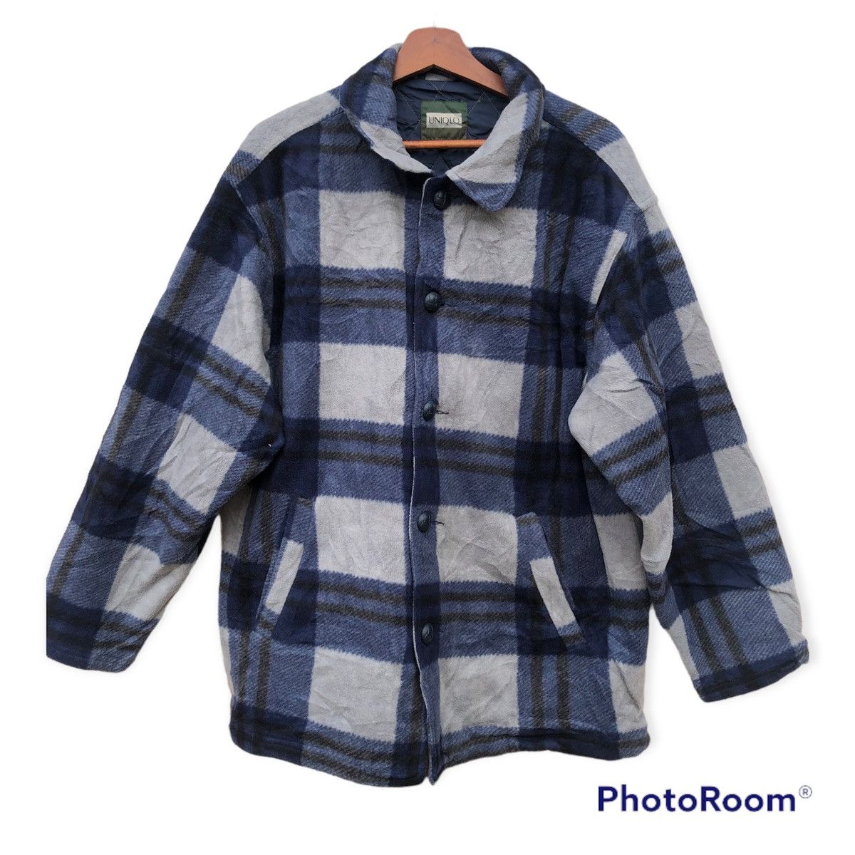 image of Flannel x Uniqlo Sherpa Fleece Jacket Checkered in Blue, Men's (Size Large)