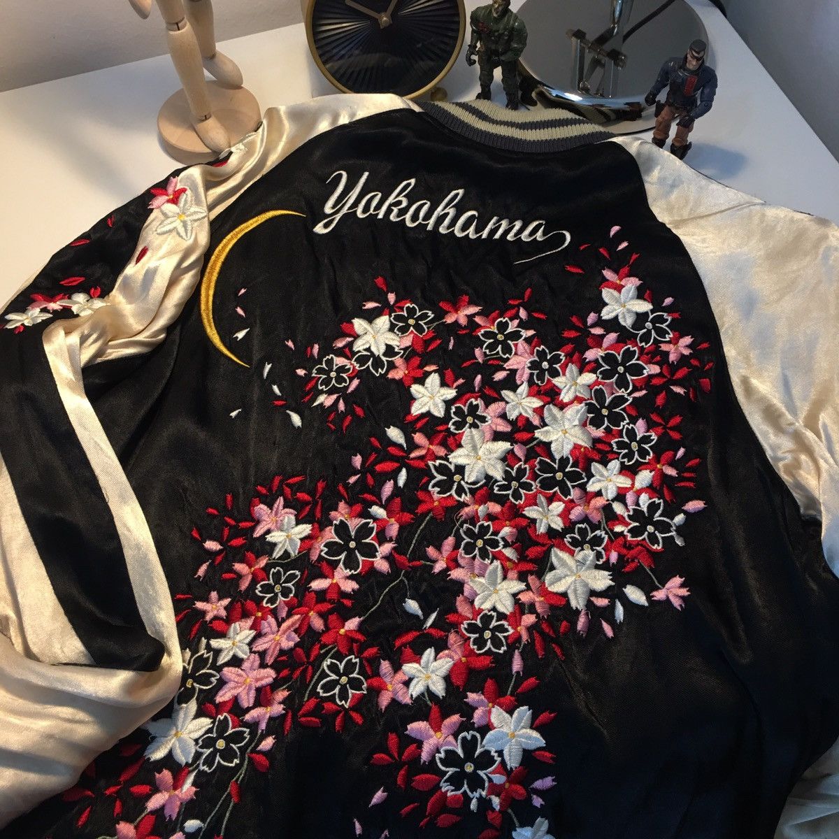 image of Iolani Sukajan Black Cherry Blossom Reversible Souvenir in Black/Red, Men's (Size Medium)