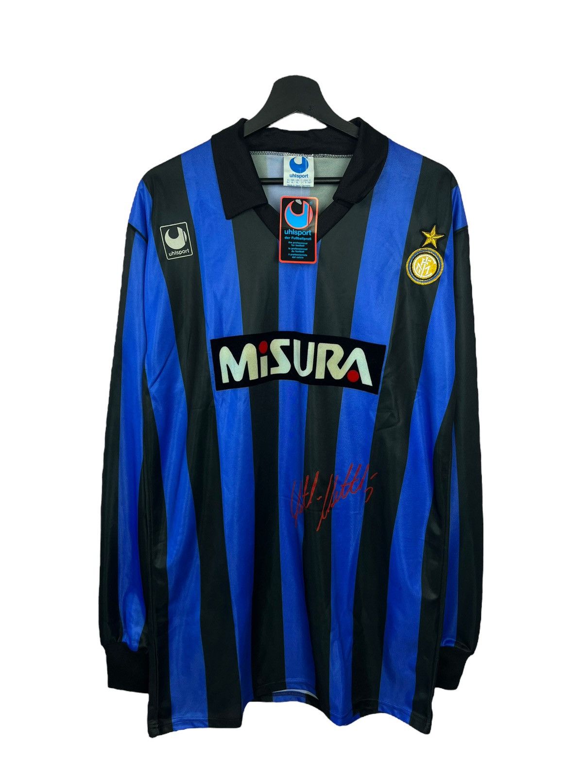 image of Rare 1990/1991 Inter Milan Uhlsport 10 Home Football Jersey in Black/Blue, Men's (Size XL)