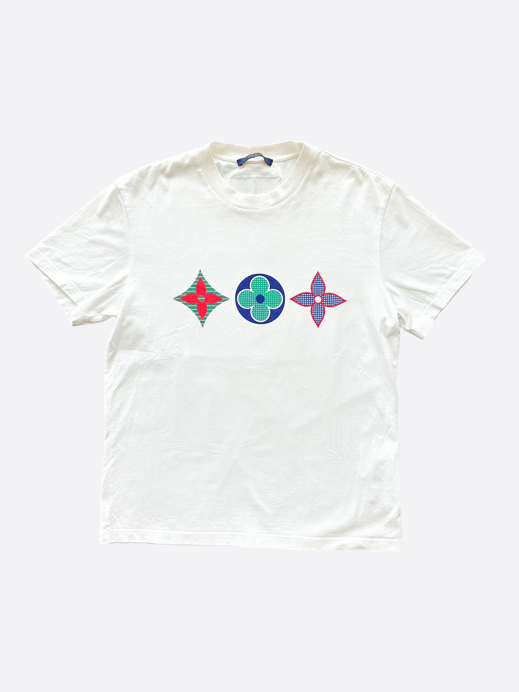 image of Louis Vuitton White Multicolor Flower Logo T-Shirt, Men's (Size Medium)