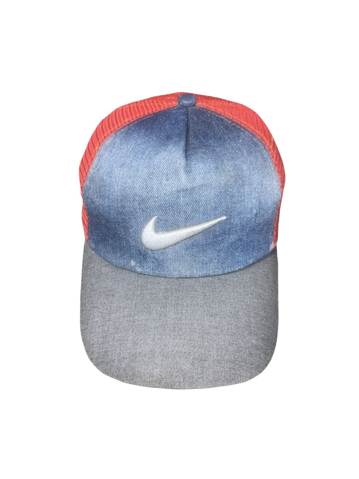 image of Vintage Nike Center Swoosh Big Logo Embroidery Trucker Hat in Blue Red, Men's