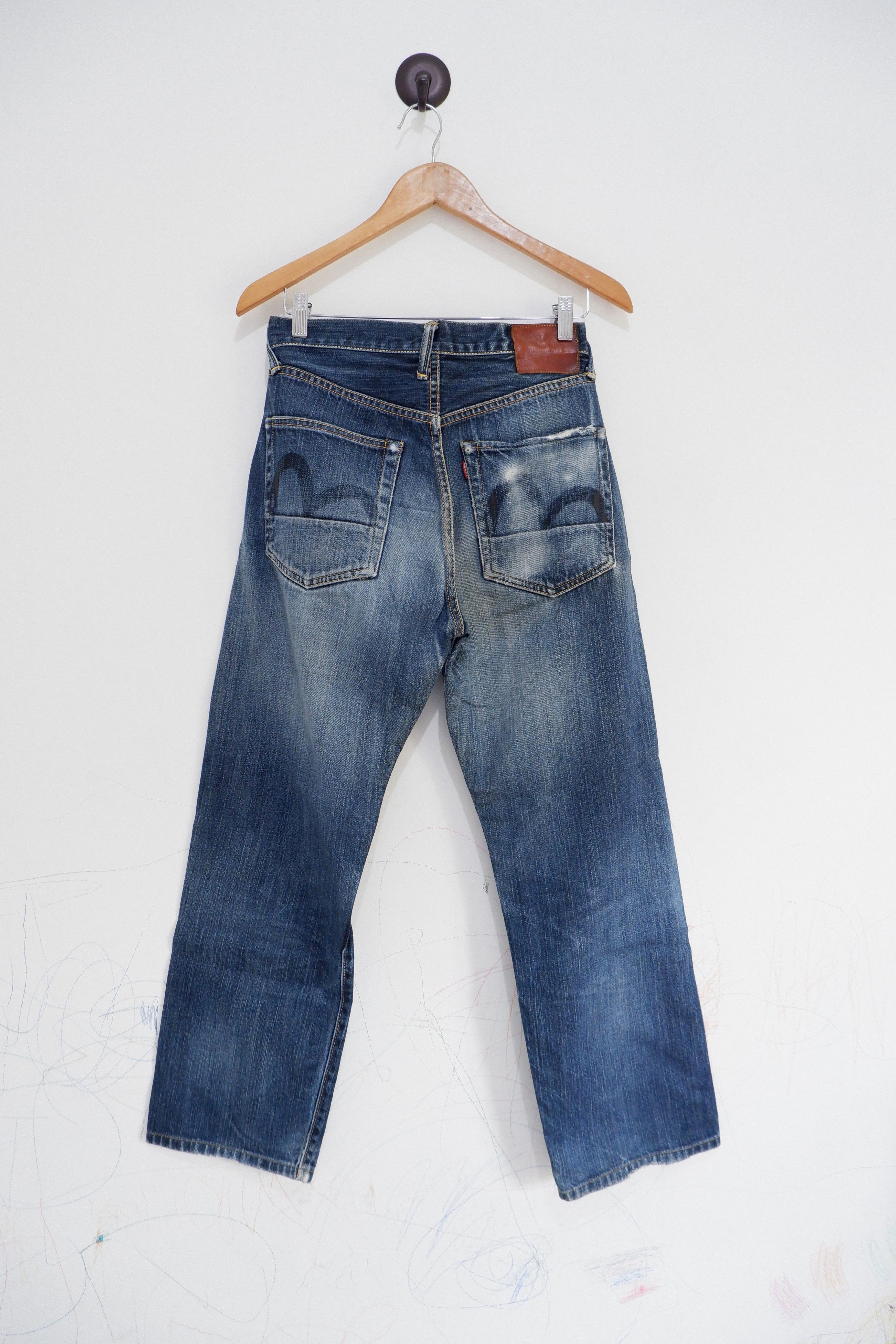image of Evisu Logo Pocket Selvedge Jeans in Blue, Men's (Size 28)