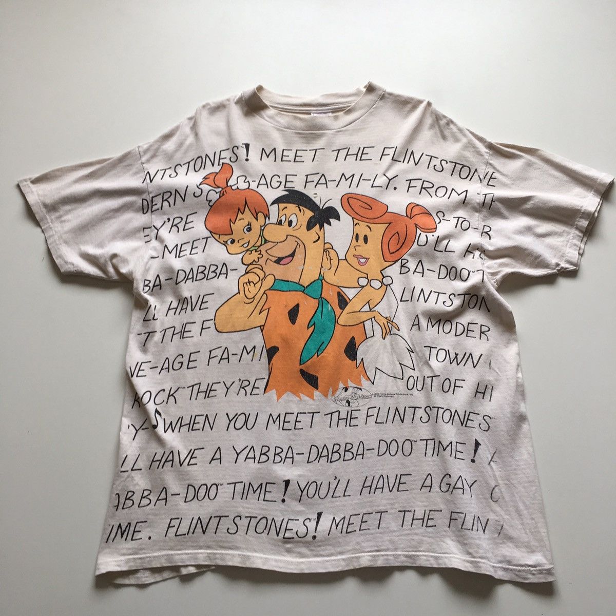 image of Cartoon Network x Vintage 90's The Flintstones All Over Print Graphic T Shirt in White (Size XL)