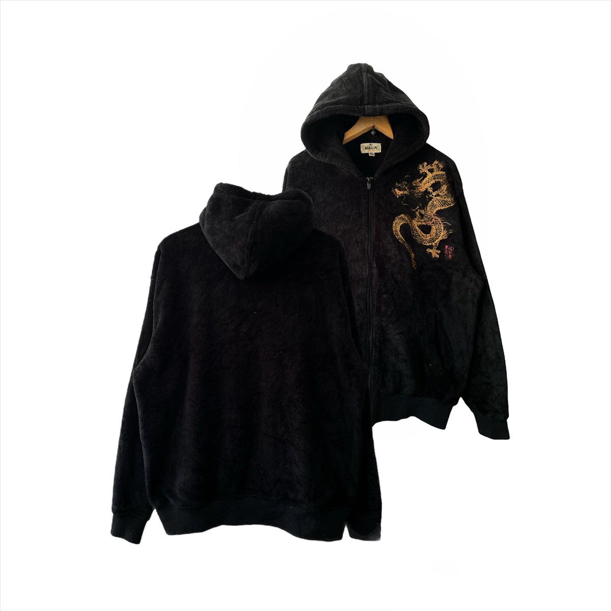 image of Art x Sukajan Souvenir Jacket Kara Kuri Tamashi Embroidery Gragon Fleece Hoodie Sweatshirt in Black