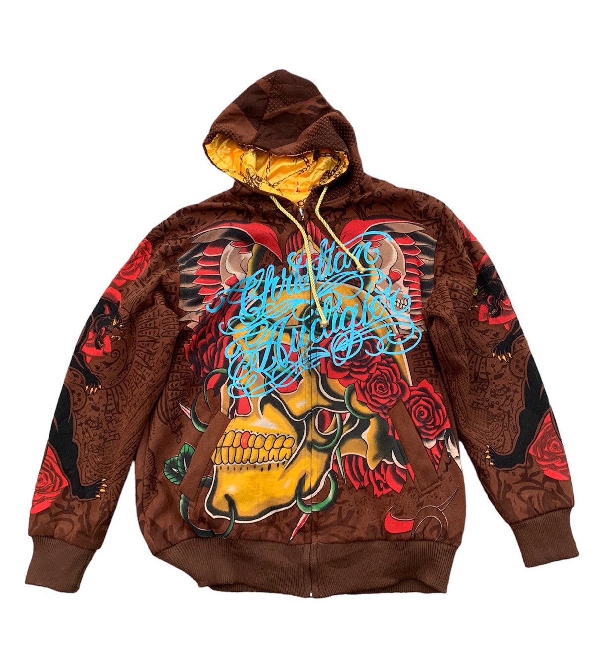 Christian Audigier reversible over printed tattoo hoodie
