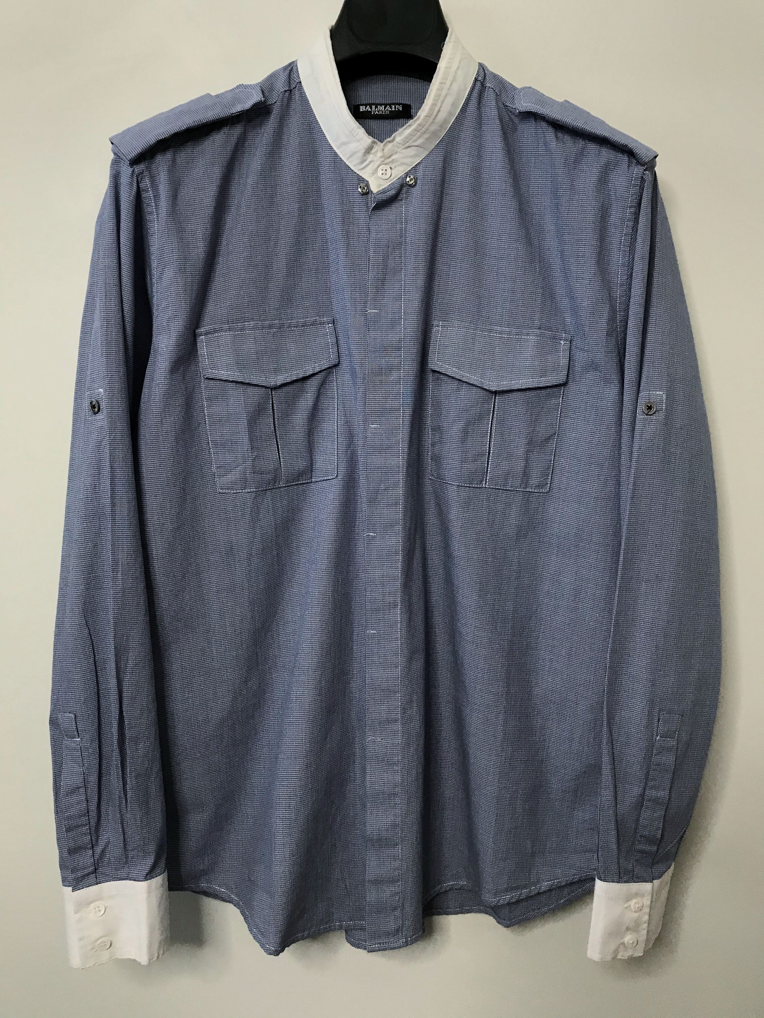 image of Balmain Size 39 Slim Epaulette Blue Military Shirt Decanin Era, Men's