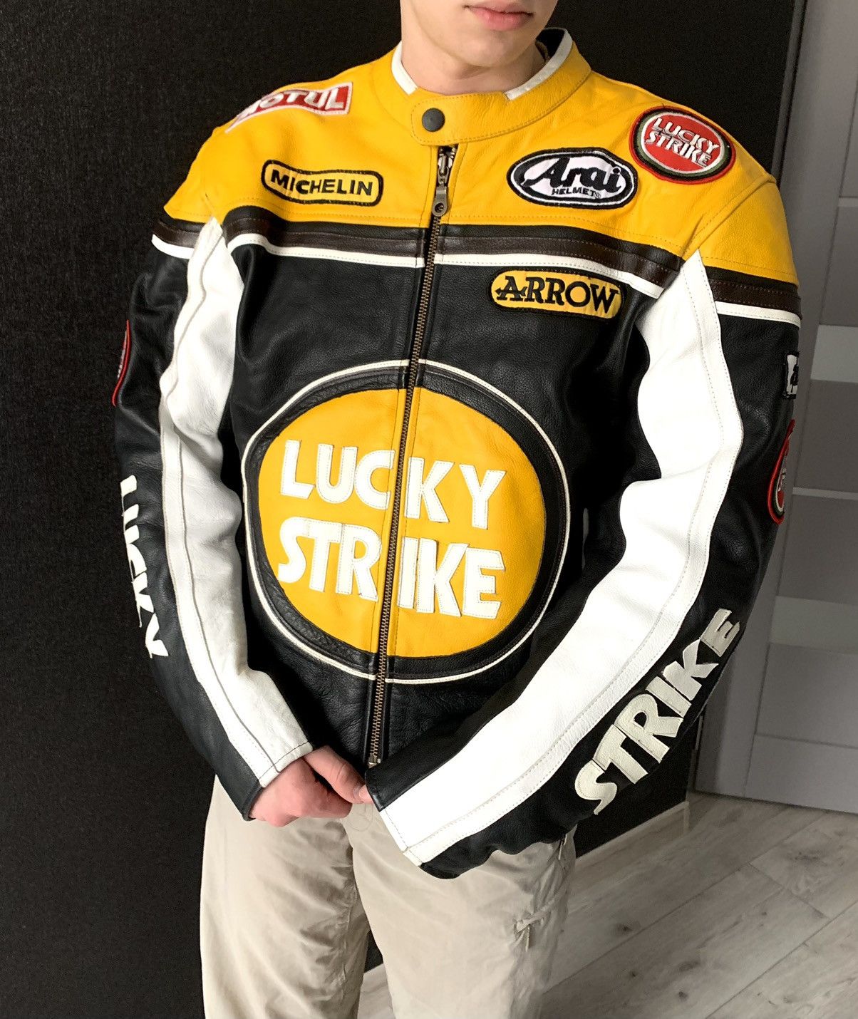 Vintage Vintage Lucky Strike Yellow Genuine Leather Racing Jacket | Grailed