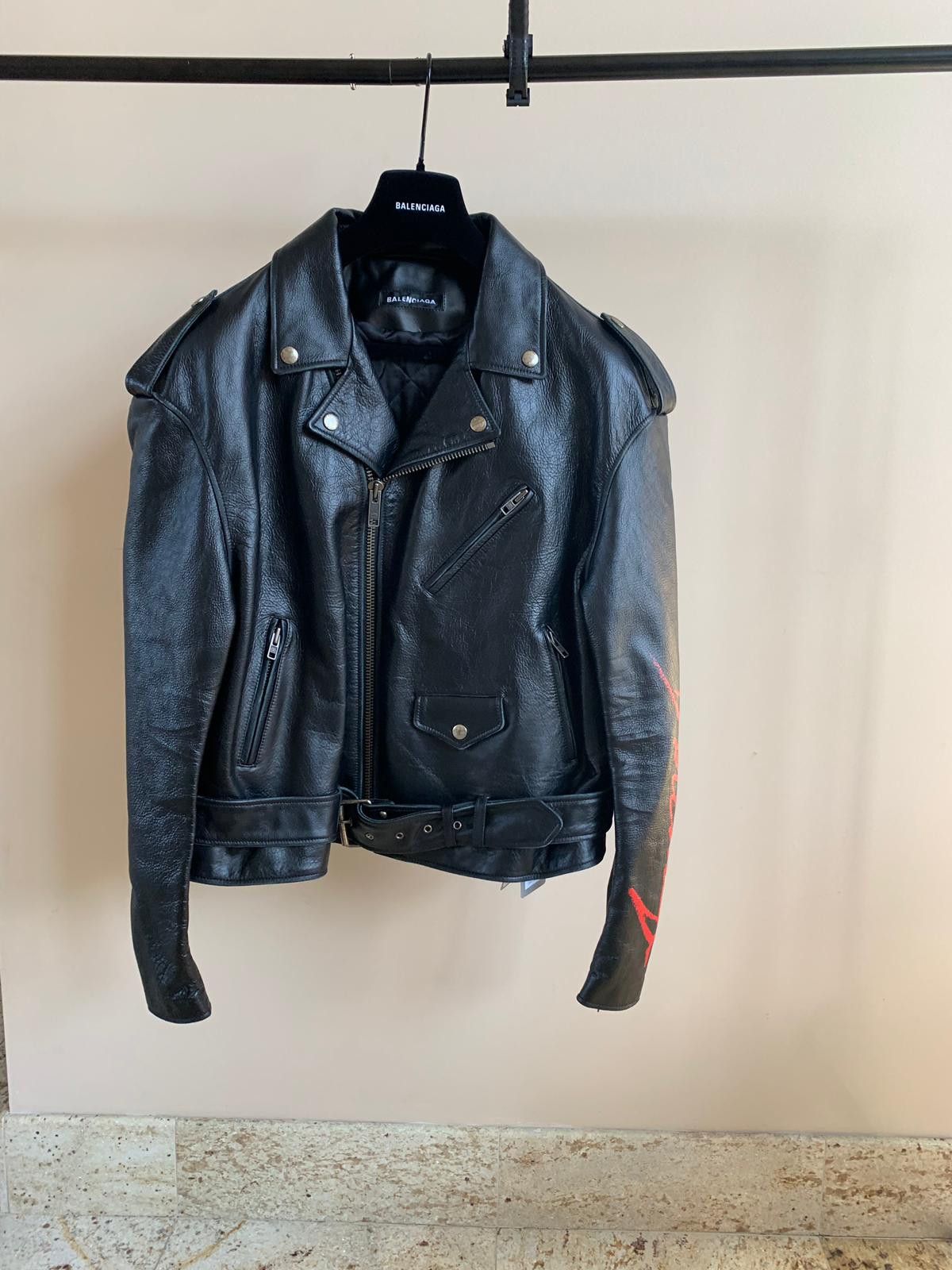 image of Balenciaga Logo Sleeve Leather Jacket In Black, Men's (Size Small)