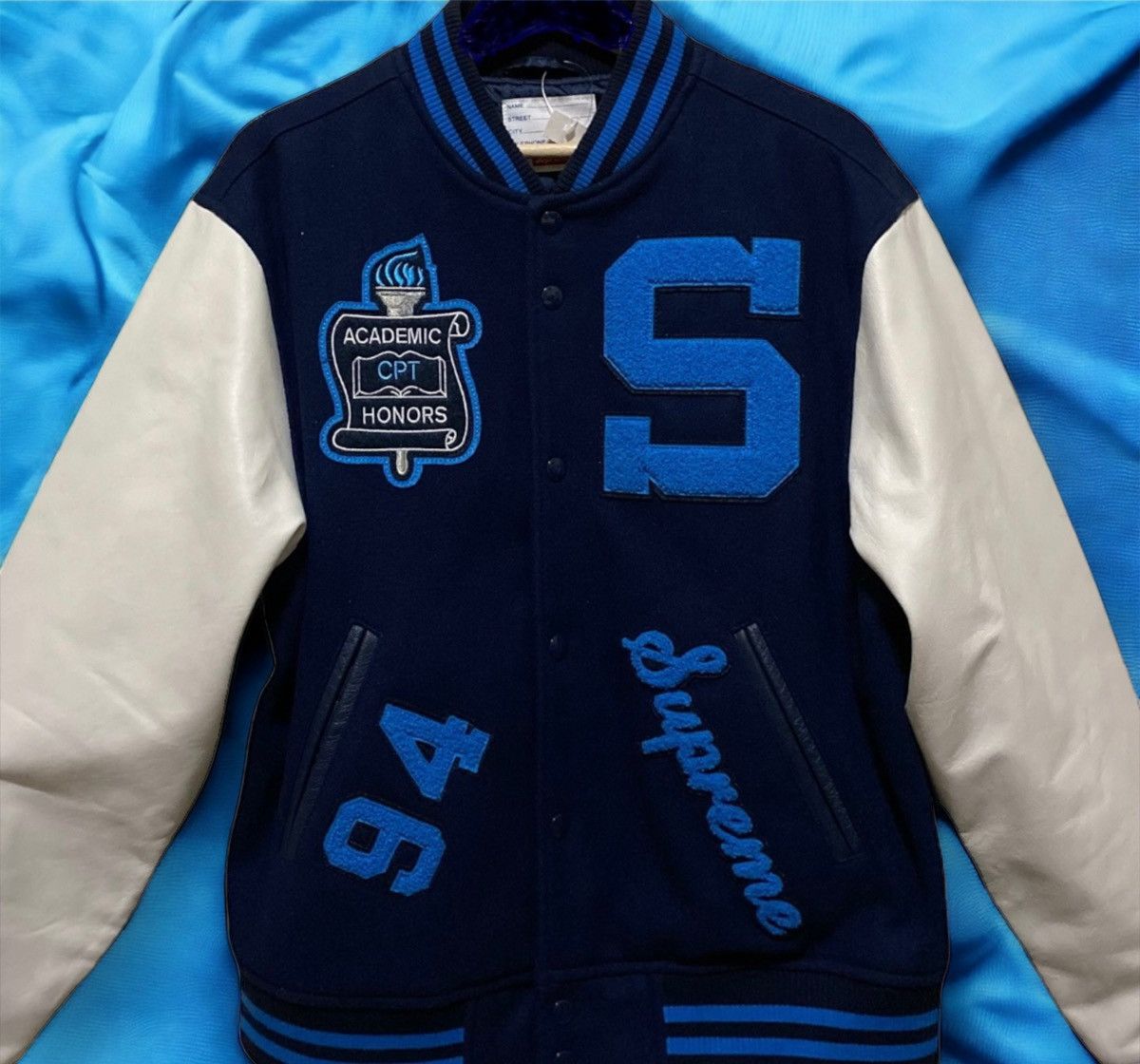 Supreme Team Varsity Jacket Navy FW19 | Grailed