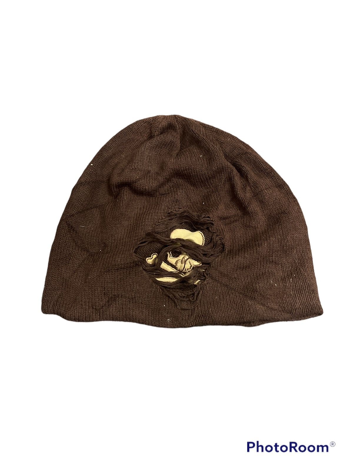 image of Vintage Ppfm Trashed Skull Beanie Hat in Brown, Men's
