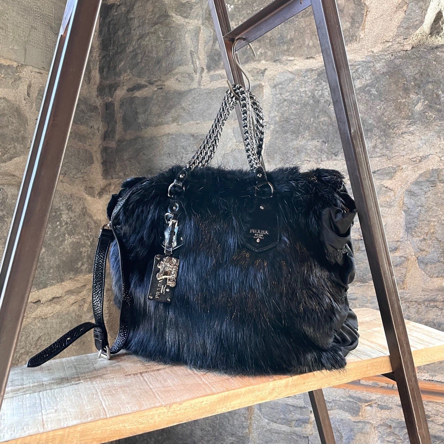Prada Prada Black Beaver Fur Chain Bag Size ONE SIZE - 1 Thumbnail