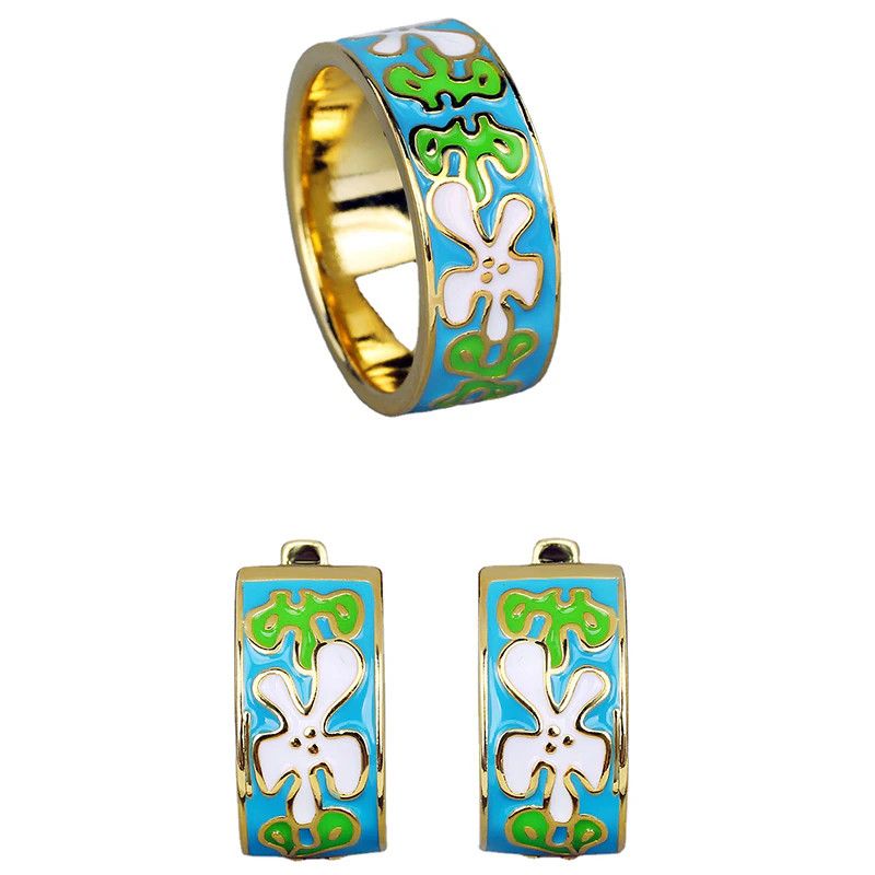 Jewelry Green Flowers Drop Gum Enamel Ring Earrings Jewelry Sets Size ONE SIZE - 2 Thumbnail