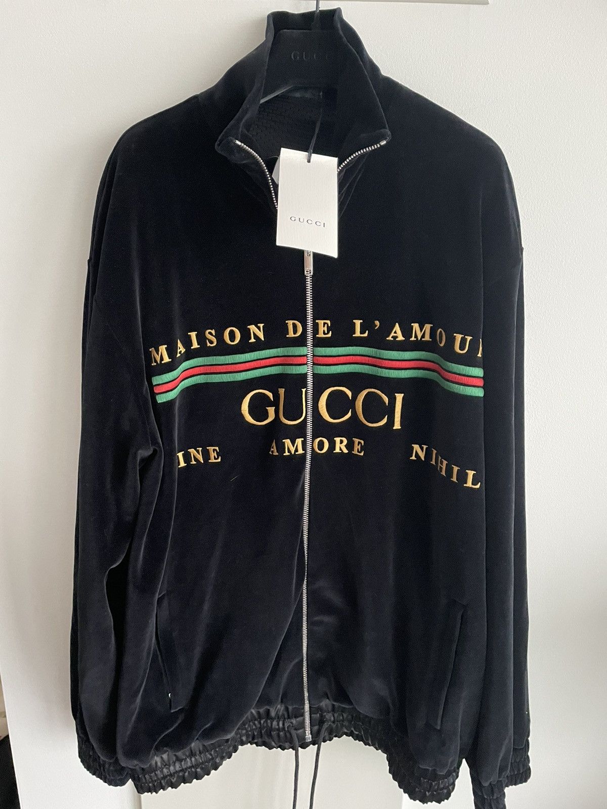 image of Gucci Super Runway $3K Value Velvet Logo Jacket in Black, Men's (Size XL)