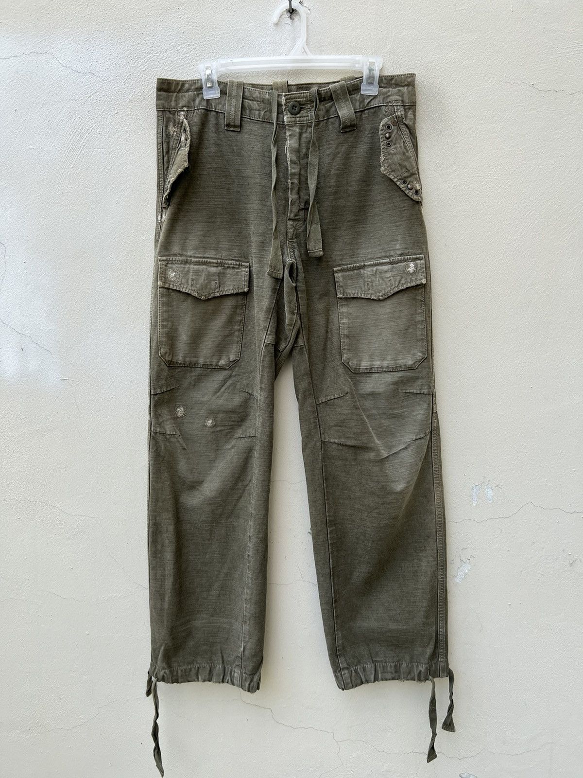 Vintage VTG Bartack Japan Distress Fade Olive Green Cargo Trouser Size US 31 - 3 Thumbnail