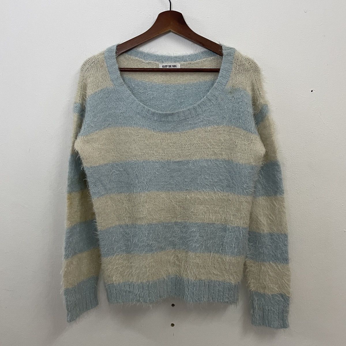 image of Aran Isles Knitwear x Coloured Cable Knit Sweater Cleft De Sol Stripe Conhet Mohair Knitwear in Blu