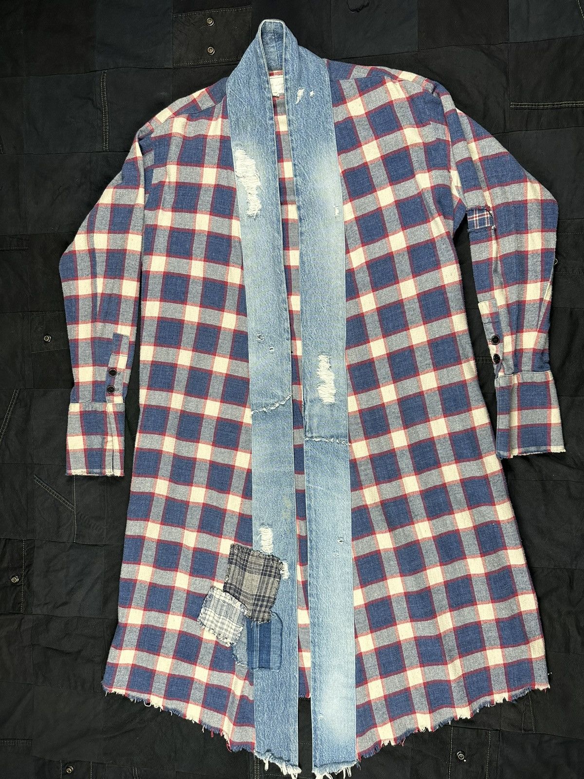 image of Greg Lauren Ss18 Ojai Flannel Long Kimono in Blue, Men's (Size Large)