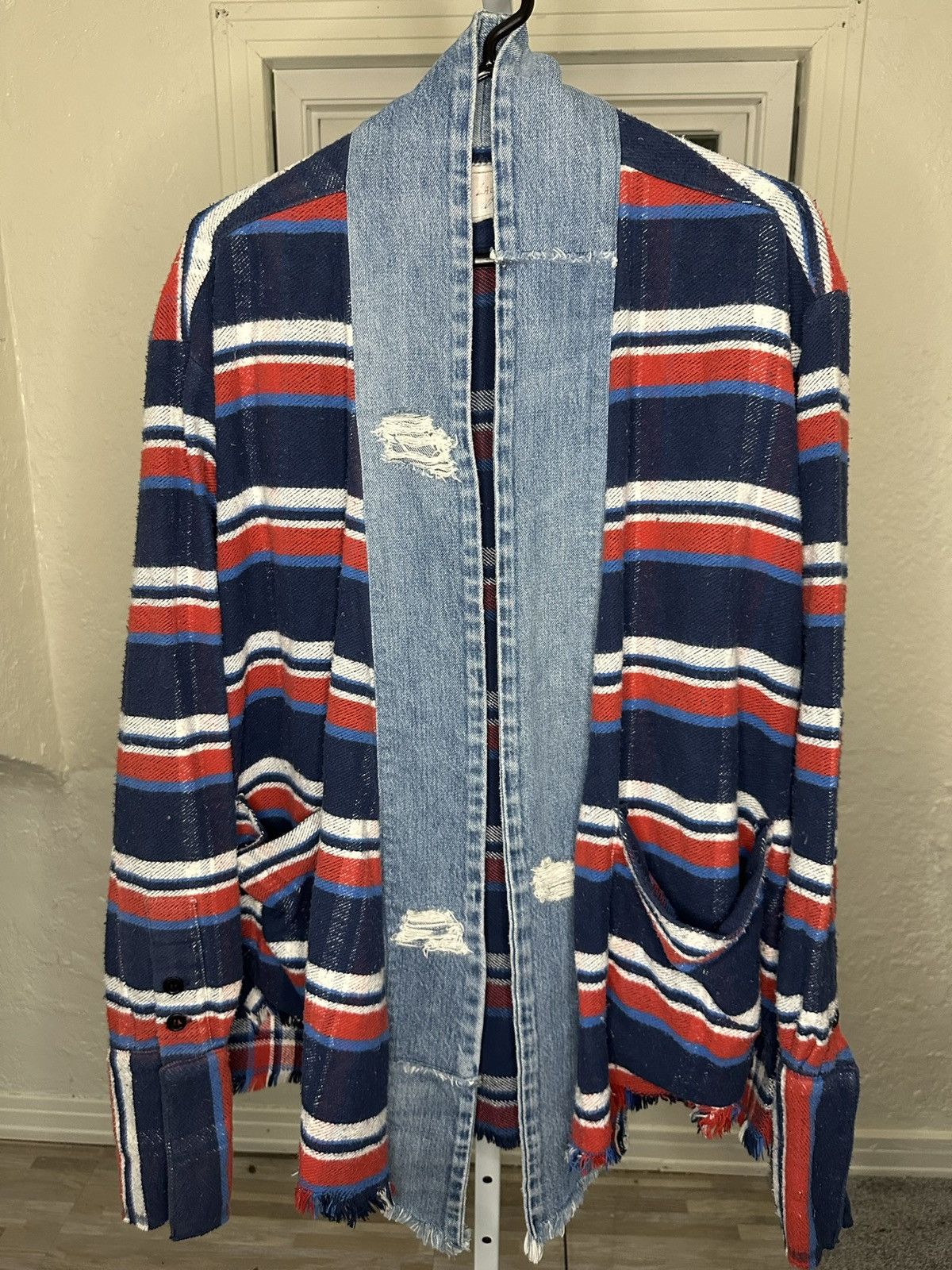 Image of Greg Lauren Navy Red Plaid Kimono in Blue, Men's (Size Large)