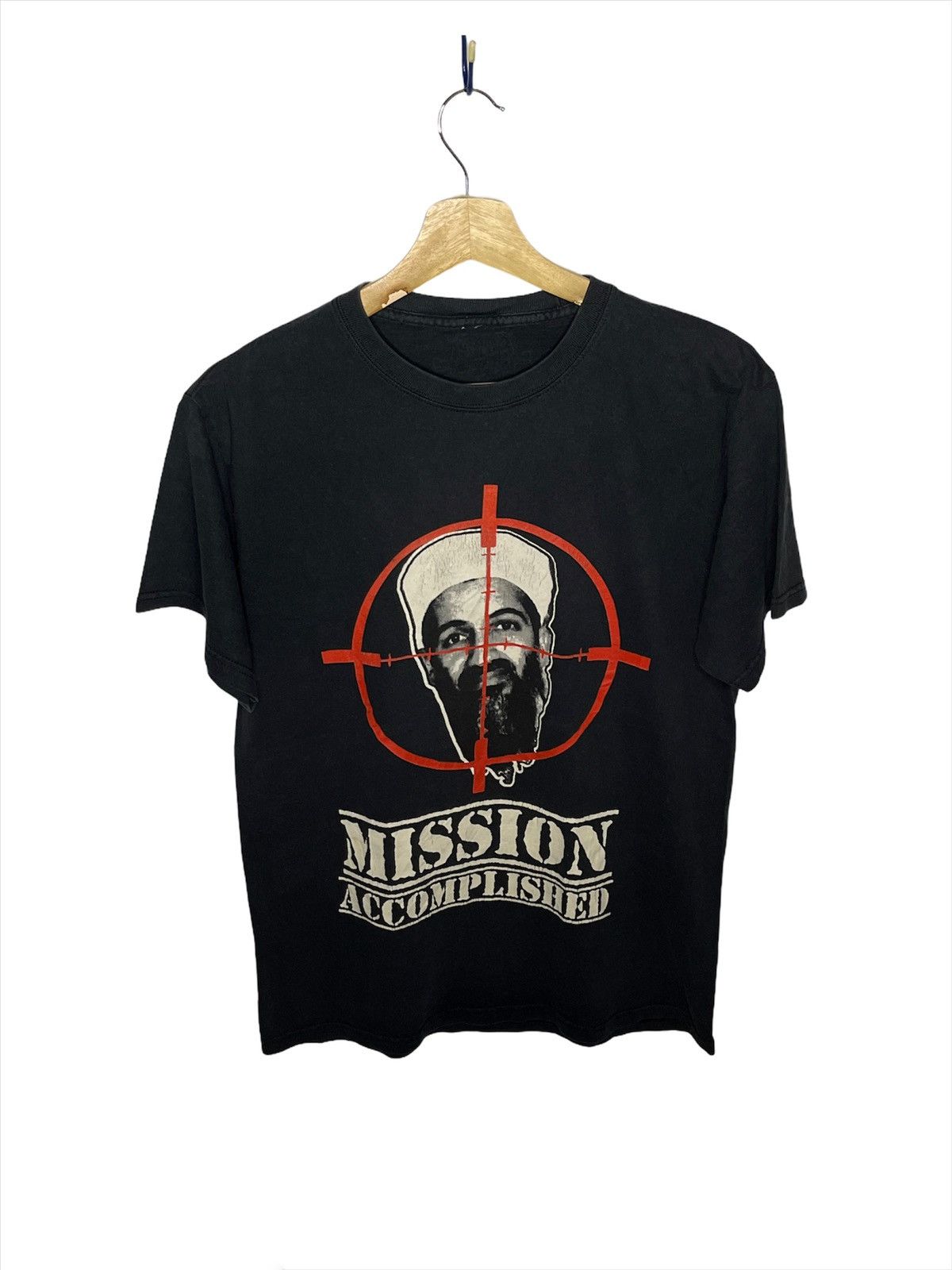 image of Vintage Osama Bin Laden Mission Accomplished T-Shirt in Black, Men's (Size Medium)