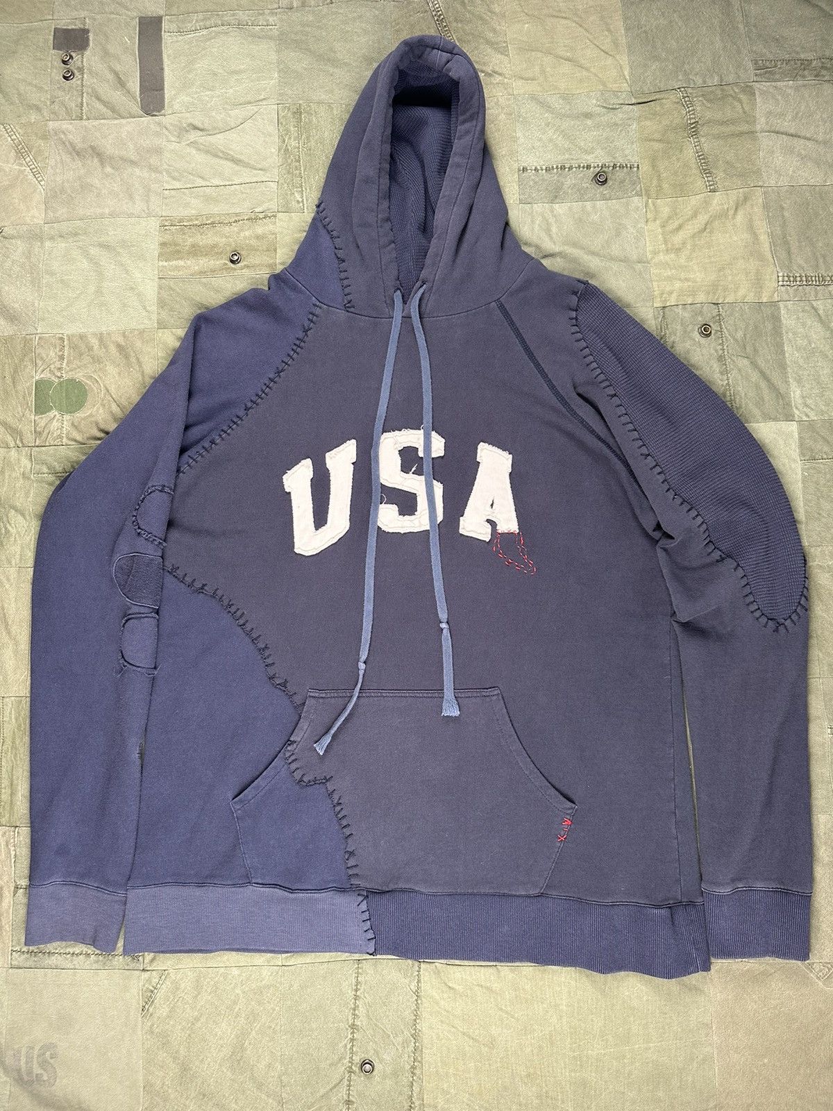 image of Greg Lauren Destroyed Usa Hoodie in Navy, Men's (Size Large)