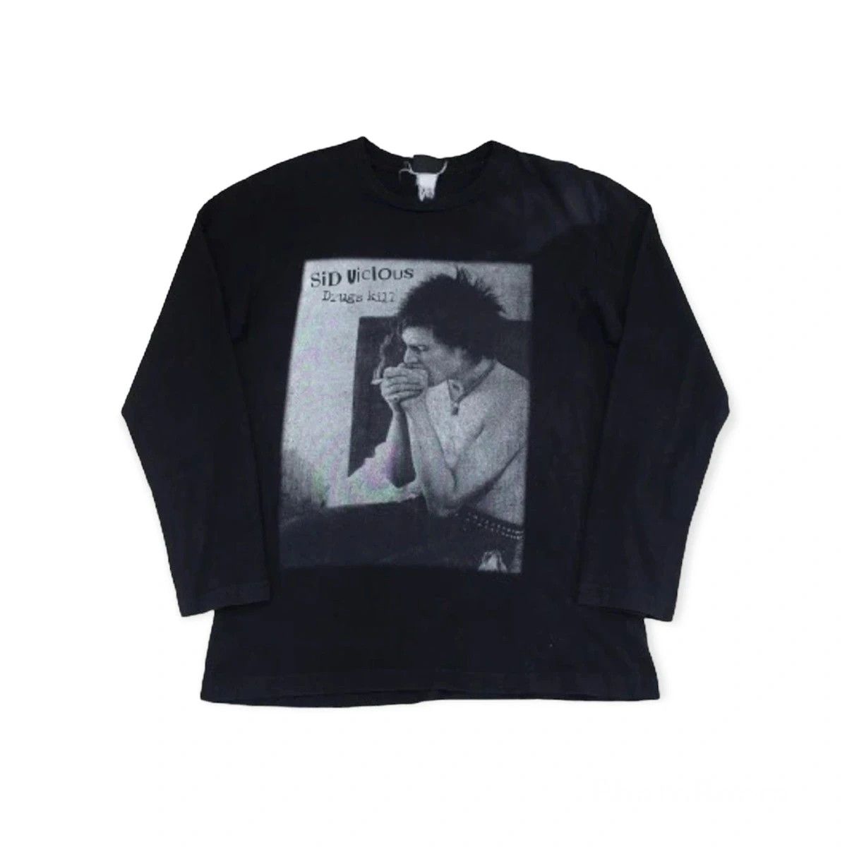 image of Band Tees x Rock Band Vintage Sid Vicious Drugs Kill Long Sleeve Band Tshirt in Black (Size Medium)