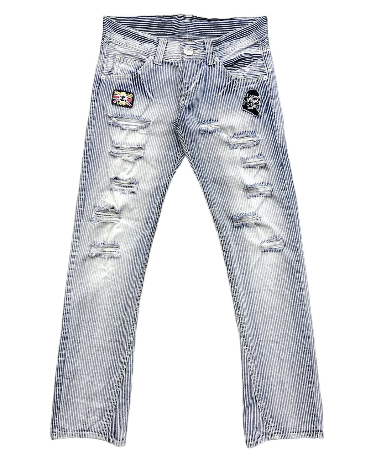image of Distressed Denim Japanese Grazie Low Rise Hickory Distressed Faded Blue Jeans in Hickory Blue White