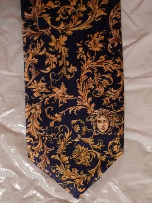 image of Versace Navy / Gold Ornate Medusa Neck Tie Italy in Versace Navy/Gold Ornate Medusa Neck Tie Italy