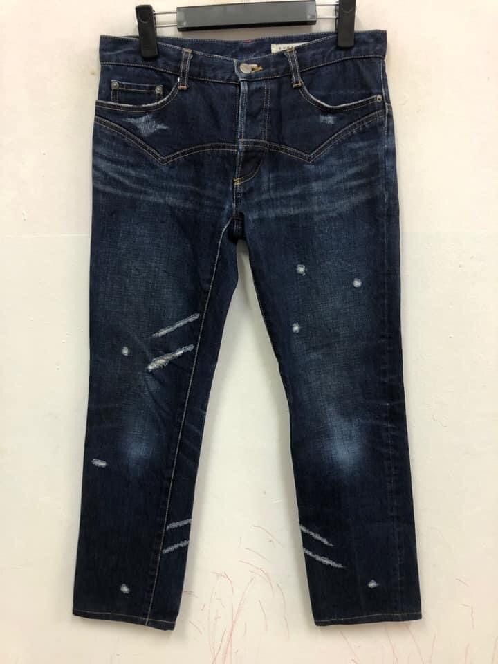 image of Distressed Denim x Issey Miyake Sunao Kuwahara Distressed Buckle Back Jeans in Blue Denim (Size 30)