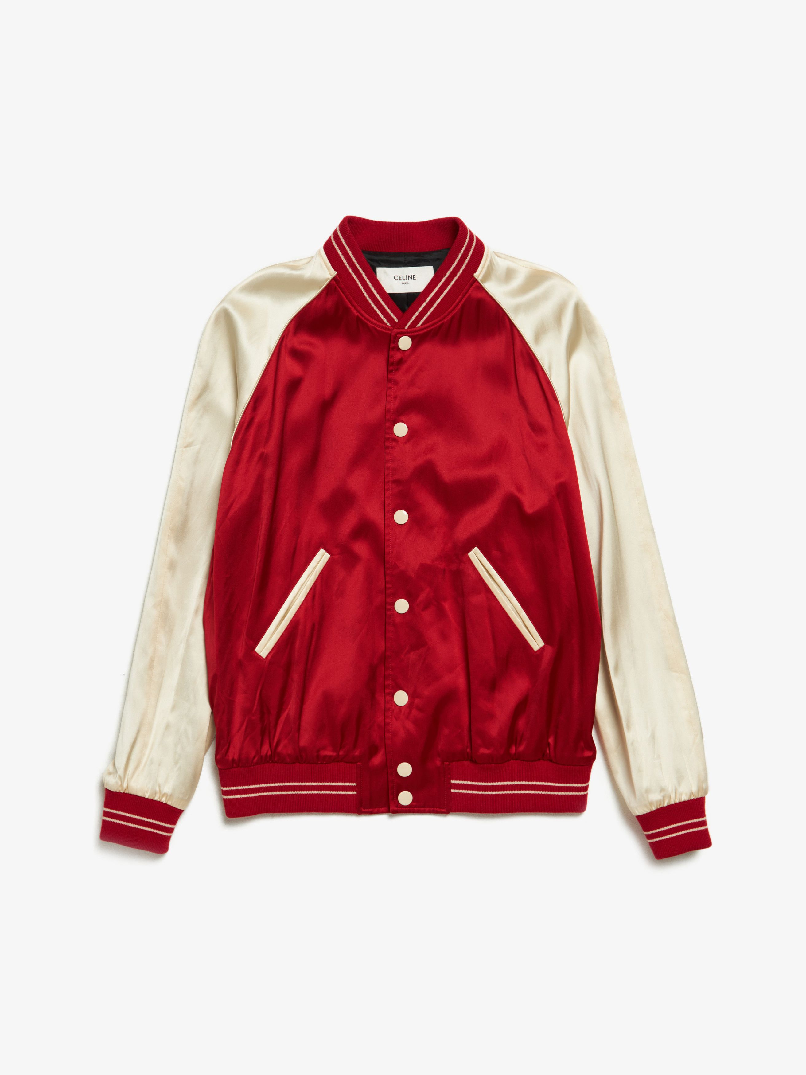 image of Celine Cream And Red Perhaps Printed Viscose Bomber in White/Red, Men's (Size Large)