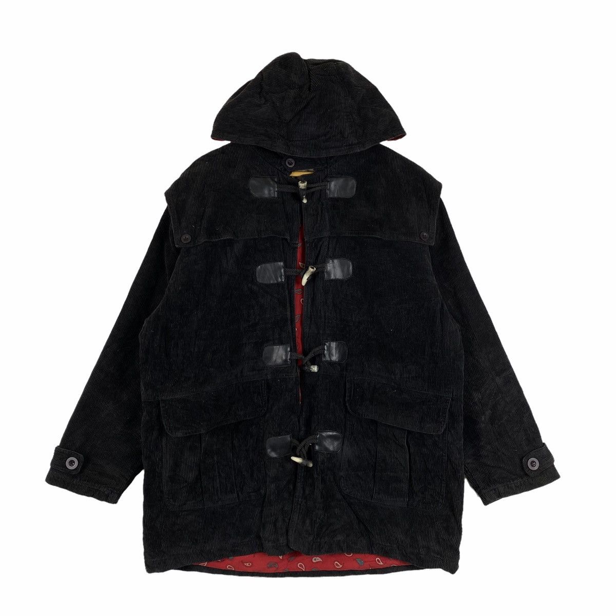 image of Vintage Houston Coduroy Toggle Button Hoodie Long Jacket in Black, Men's (Size Medium)