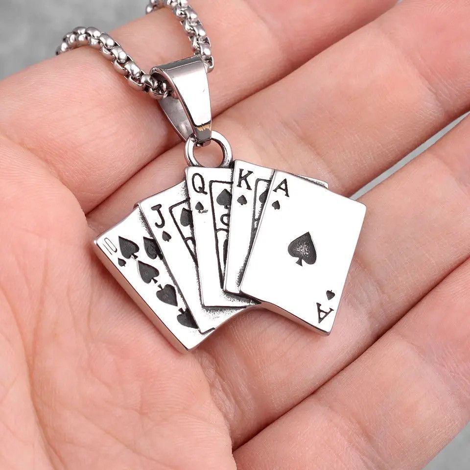 Jewelry Flush Poker Pendant Necklaces in Silver, Men's