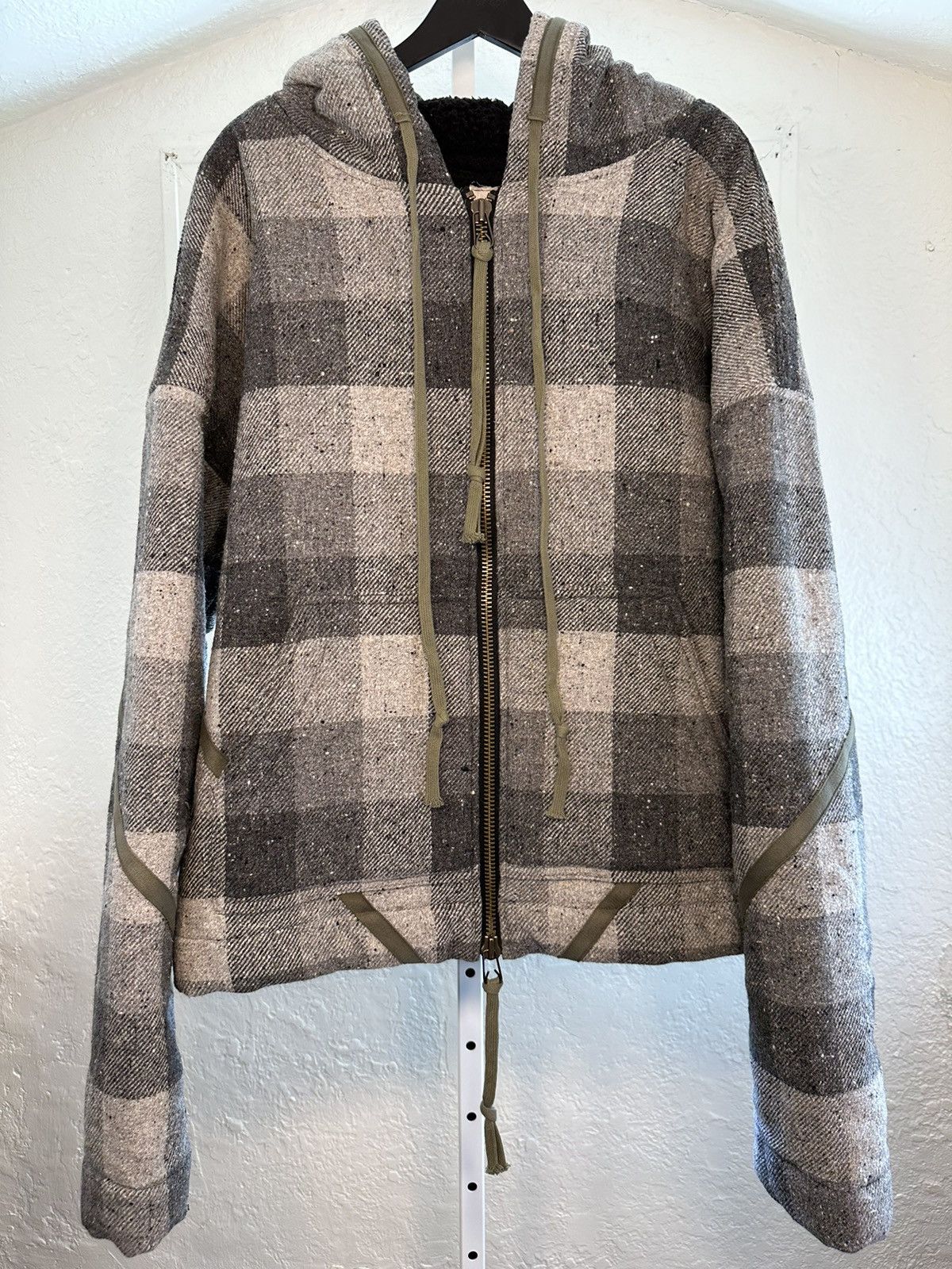 image of Greg Lauren Fw21 Fleece Lined Plaid Hoodie in Grey, Men's (Size Large)