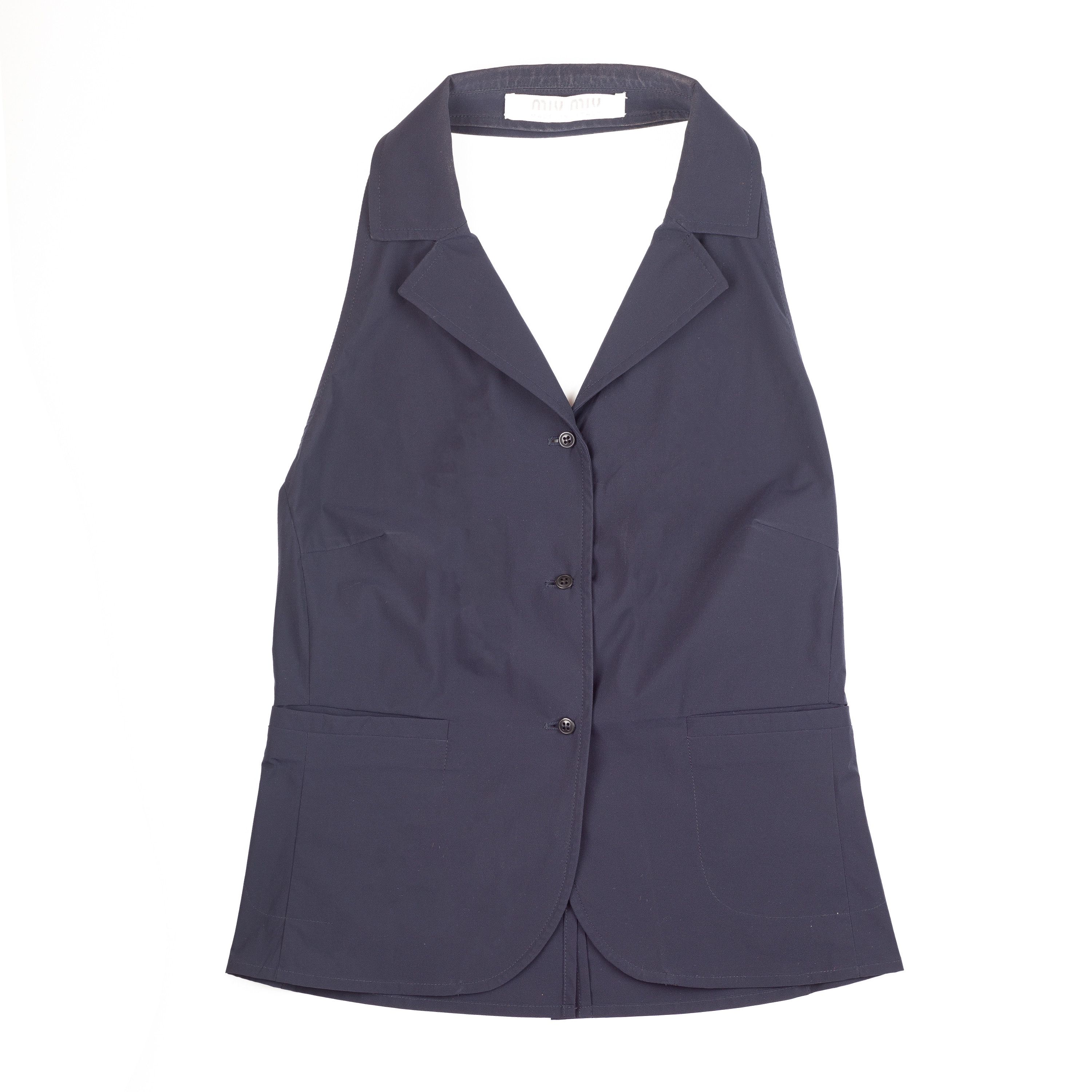 image of Miu Miu Halter Nylon Navy Blue Top, Women's (Size Small)