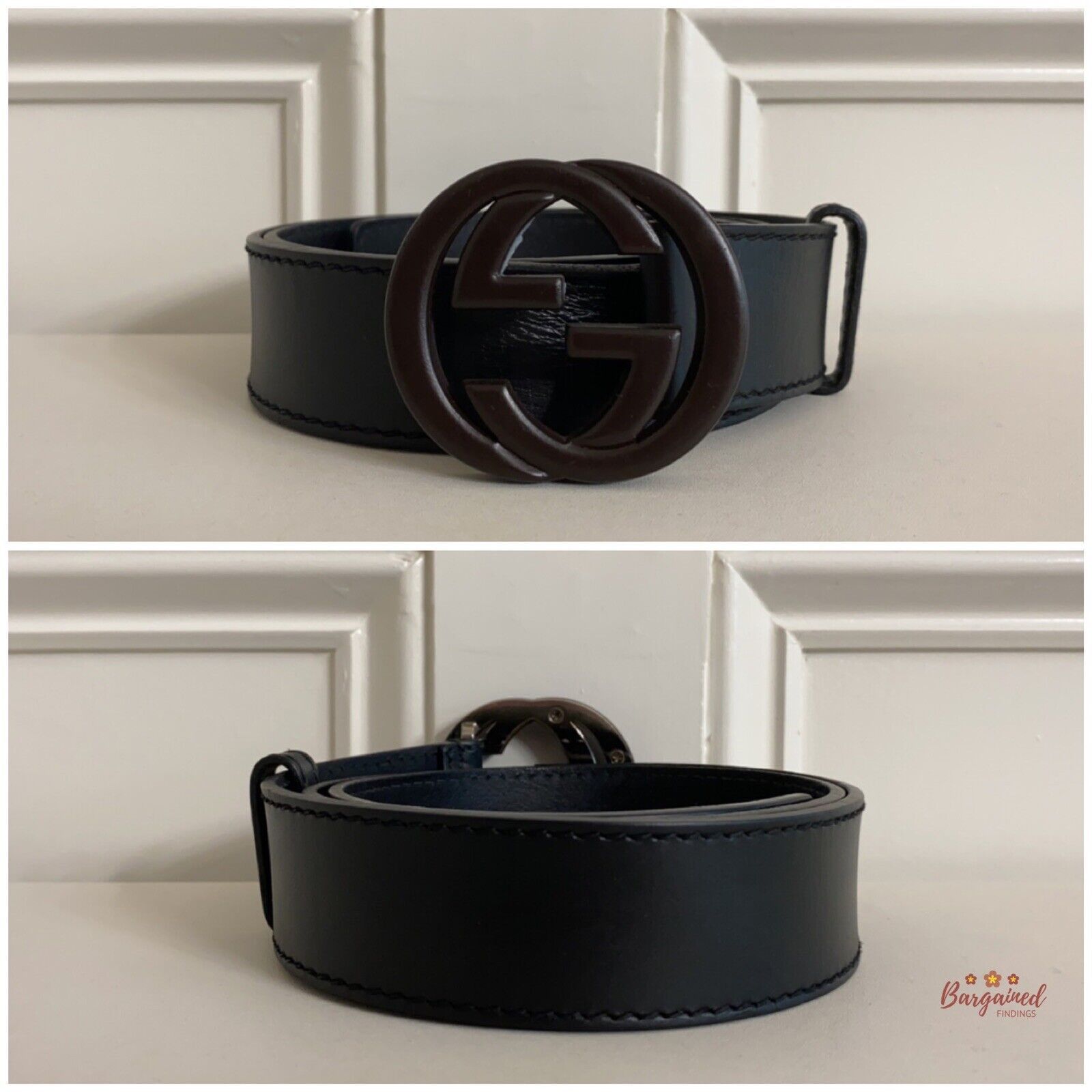 Gucci Gucci Black Leather Brown Bamboo Interlocking G Buckle Belt Size 34 - 3 Thumbnail